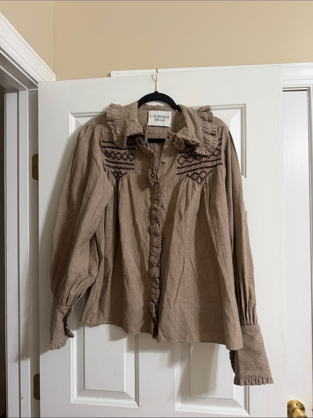Laurence Bras Brown Embroidered Puff Sleeve Ruffle Button Down Collared Blouse